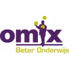 Logo omix met jonglerend figuur i en tekst beter onderwijs in geelgroen onder paarse naam omix